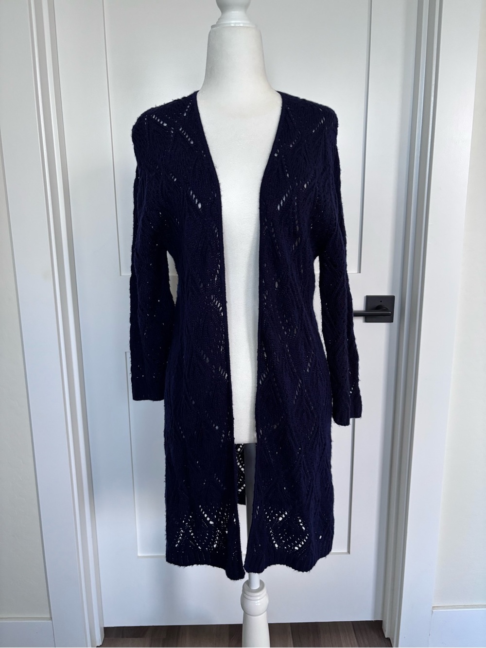 august silk Navy Open-Front Long Knit Cardigan